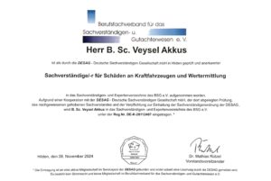 Eintragung von Veysel Akkus im Sachverständigen- und Expertenverzeichnis des BSG e. V.
